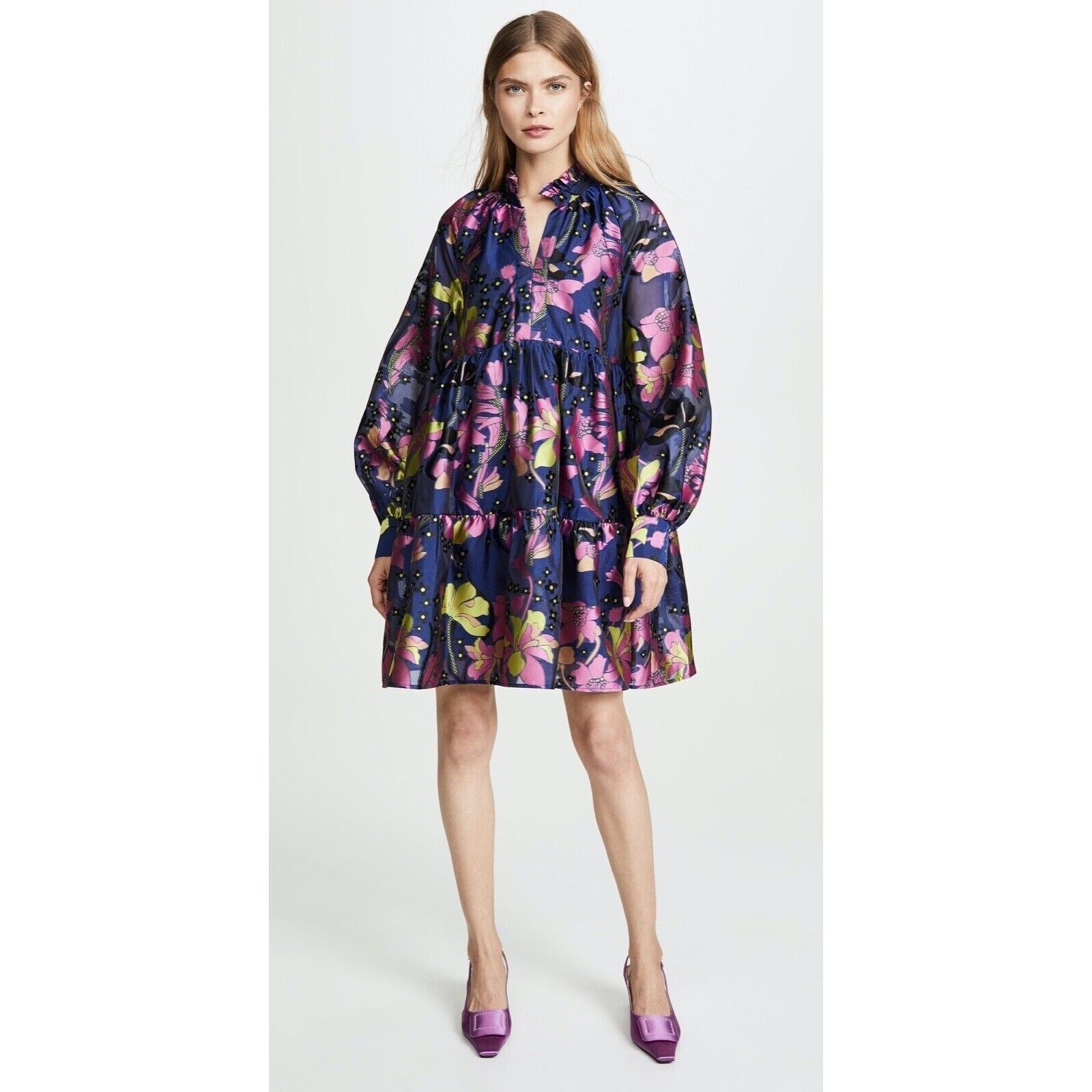 New Stine Goya Navy Blue Jasmine Floral Garment Dress Jacquard Sz Small Oversize